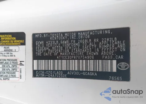 2007 Toyota Camry Solara Sle z USA, uszkodzony, nr VIN 4T1CE30P87U754906